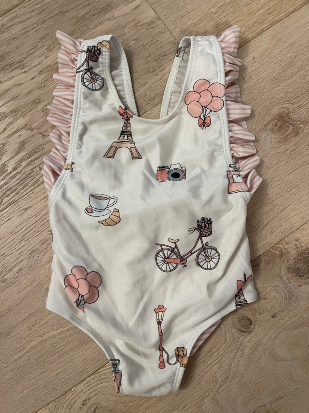 SAL& PIMENTA Girls' White & Pink Paris-Print Ruffle One-Piece Swimsuit 18 months
